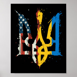 Affiche Ukraine America Drapeau Trident Ukrainien Tryzub H