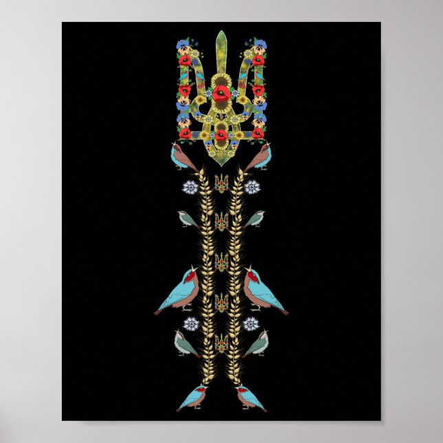 Affiche Ukraine Trysub (trident) Et Oiseaux Rétro Ukrainie (Devant)