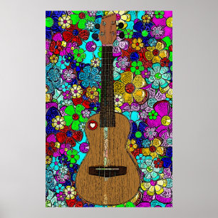 Affiche Ukulele avec Fleurs de Hip Super et Coeur