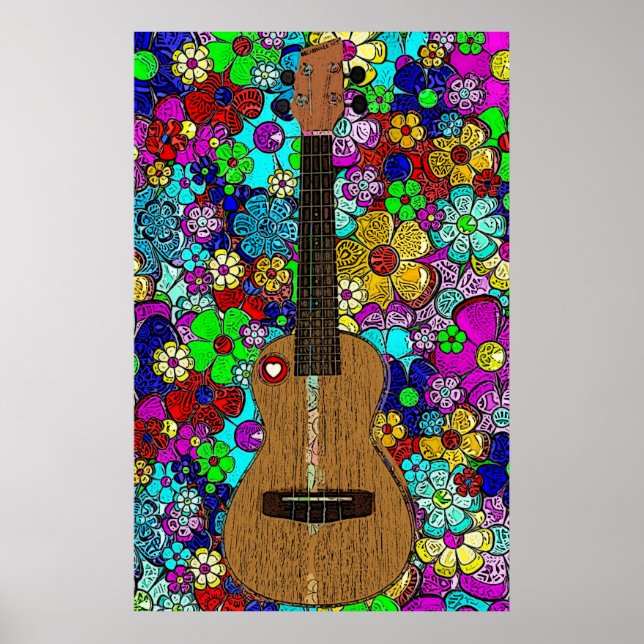 Affiche Ukulele avec Fleurs de Hip Super et Coeur (Devant)