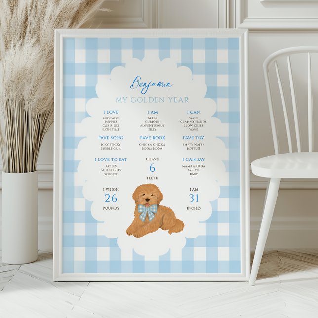 Affiche Un an doré Chiot 1er Anniversaire Jalons  (Créateur téléchargé)
