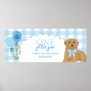 Affiche Un an en or Chiot Retriever Bleu 1er Anniversaire