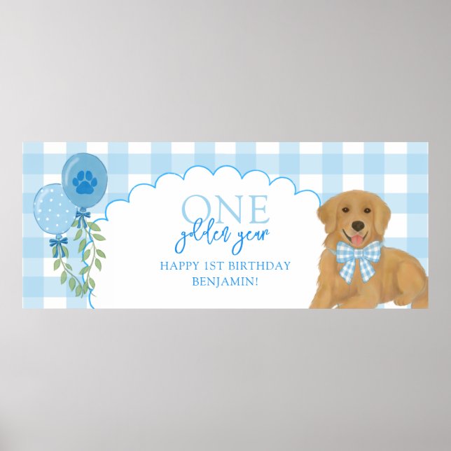 Affiche Un an en or Chiot Retriever Bleu 1er Anniversaire (Devant)