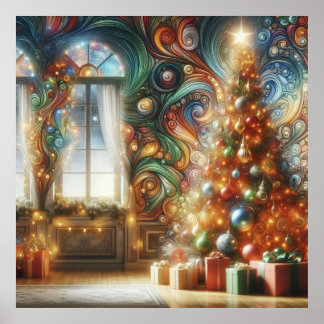 Affiche Un arbre de Noël de style rétro avec des cadeaux s