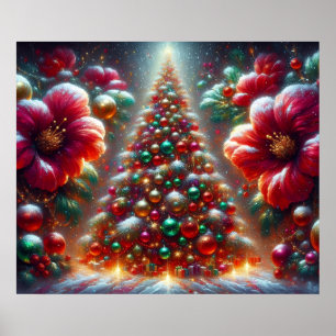 Affiche Un arbre de Noël magnifiquement décoré et des fleu