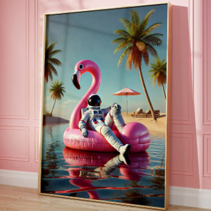 Affiche Un astronaute amusant sur Pink Flamant rose Beach