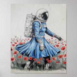 Affiche un astronaute en robe bleue se promenant dans des