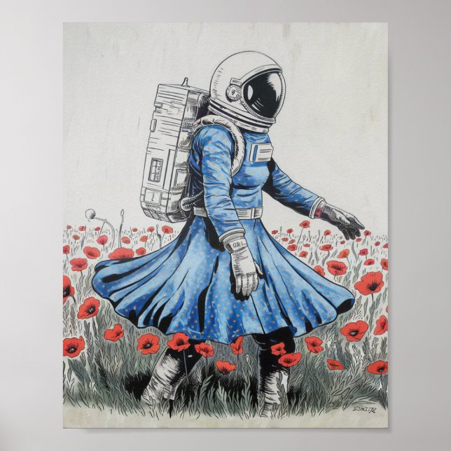Affiche un astronaute en robe bleue se promenant dans des  (Devant)