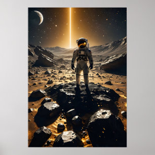 Affiche Un astronaute flottant au-dessus d'Astéroïdes doré