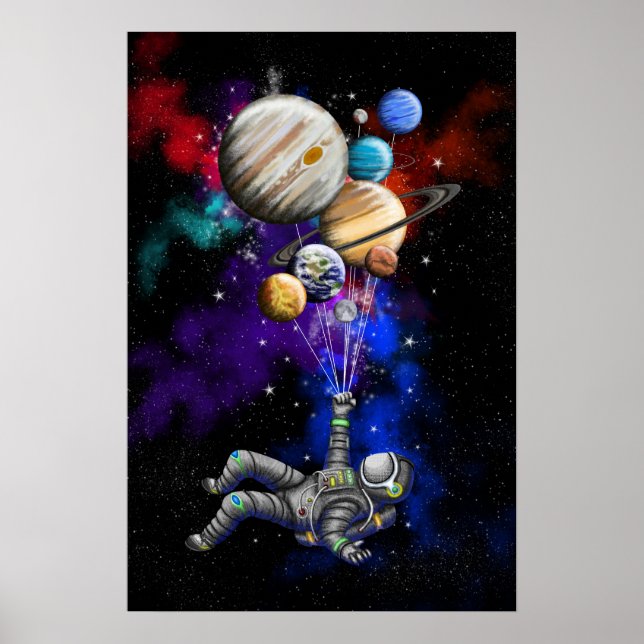 Affiche Un astronaute flottant dans l'espace avec des ball (Devant)