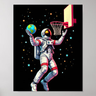 Affiche Un astronaute joue aux planètes de basket-ball Esp