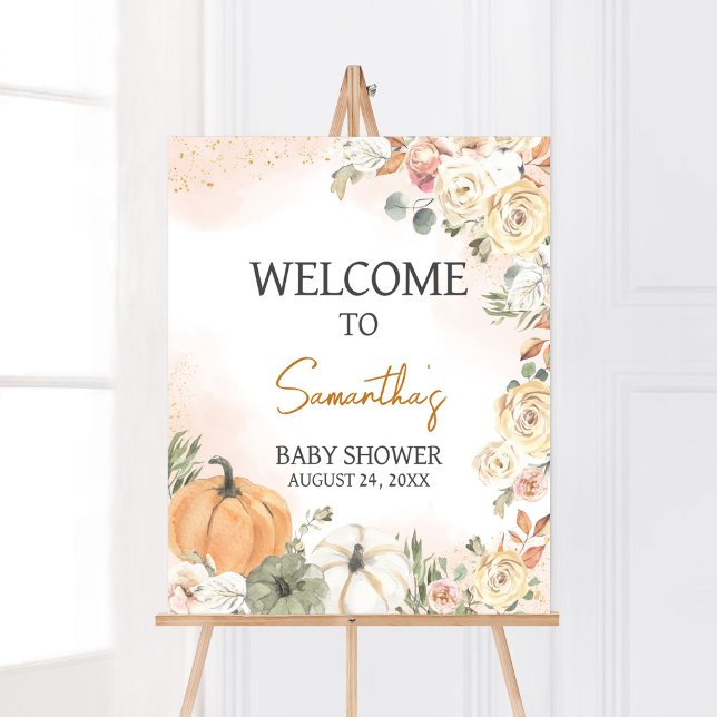 Affiche Un Baby shower Automne Un Peu Citrouille (Fall Floral Pumpkin Baby Shower Welcome Sign)
