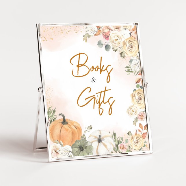 Affiche Un Baby shower d'automne un peu Citrouille Livres  (Fall Floral Pumpkin Baby Shower Books and Gifts Sign)