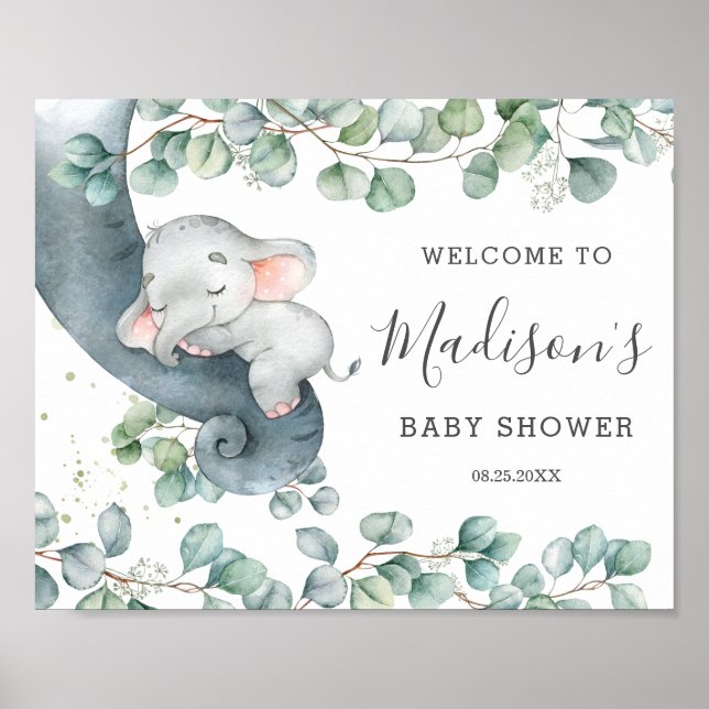 Affiche Un Baby shower de fille éléphant vert rustique Bie (Devant)