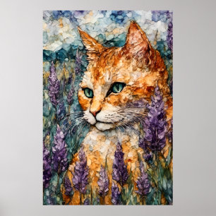 Affiche Un beau chat gingembre dans un champ de lavande