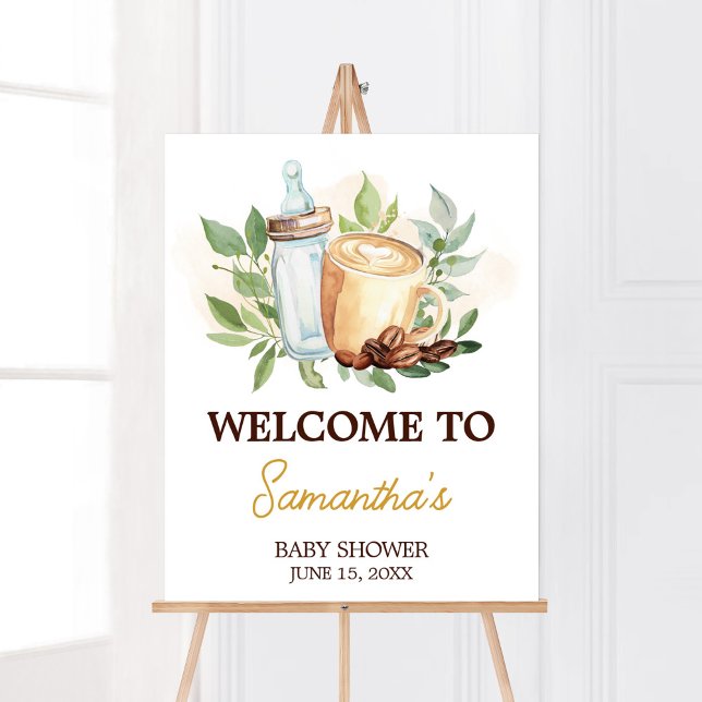 Affiche Un bébé brasse du café Baby Shower Bienvenue (Bottle and Coffee Baby Shower Welcome Sign)