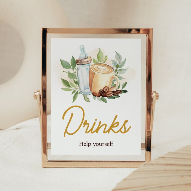 Affiche Un bébé brasse du café Baby shower Boissons (Bottle and Coffee Baby Shower Drinks Sign)