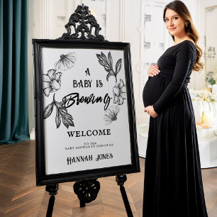 Affiche Un bébé brasse Goth Baby shower Crâne & Fleurs