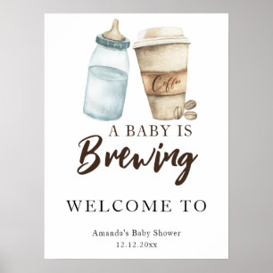 Affiche Un bébé brasse un baby shower de bouteille de café