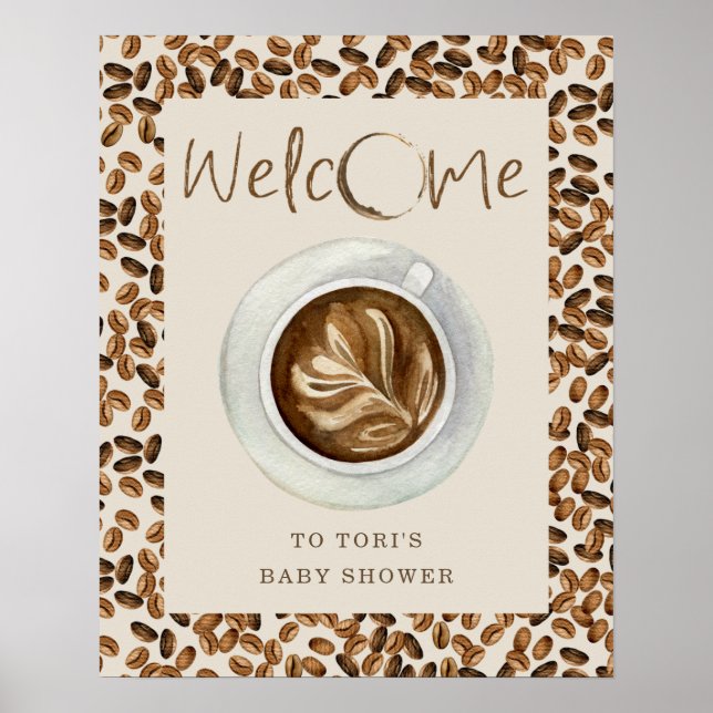 Affiche Un Bébé Brûle Du Café Baby shower Fèves Bienvenue (Devant)