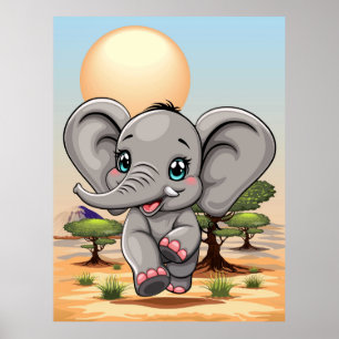 Affiche Un bébé éléphant qui sonne heureux dans la savane 
