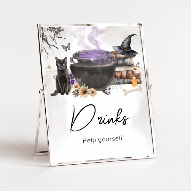 Affiche Un bébé est en train de brasser Signe de boissons  (Purple Witch Cauldron Baby Shower Drinks Sign)