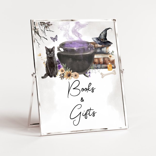 Affiche Un bébé est en train de brasser Signe de livres et (Purple Witch Cauldron Baby Shower Books and Gifts Sign)