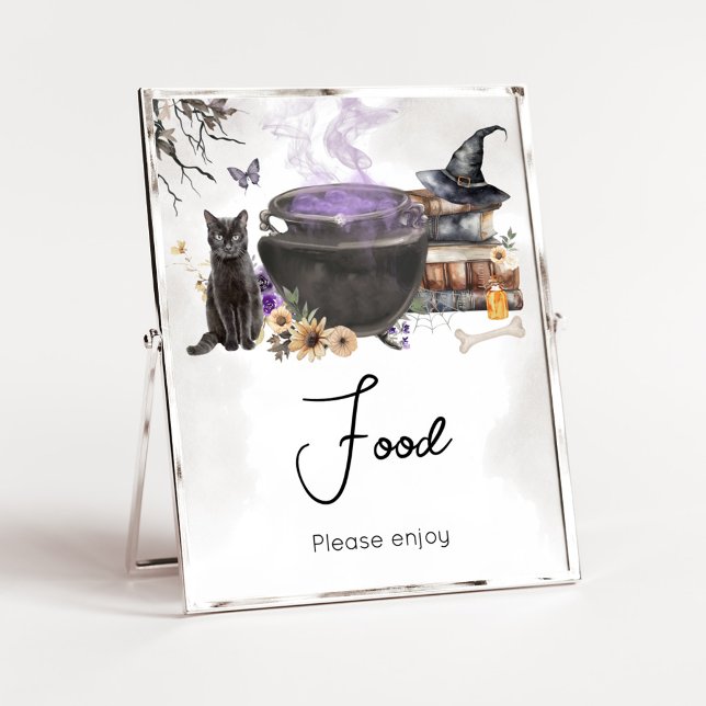 Affiche Un bébé est en train de brasser Signe de nourritur (Purple Witch Cauldron Baby Shower Food Sign)