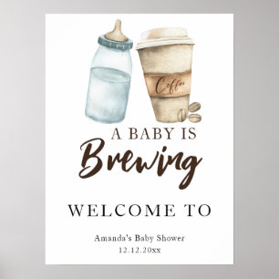 Affiche Un bébé prépare une bouteille de café pour une bab
