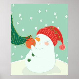 Affiche Un bonhomme de neige accrochant un ornement sur un