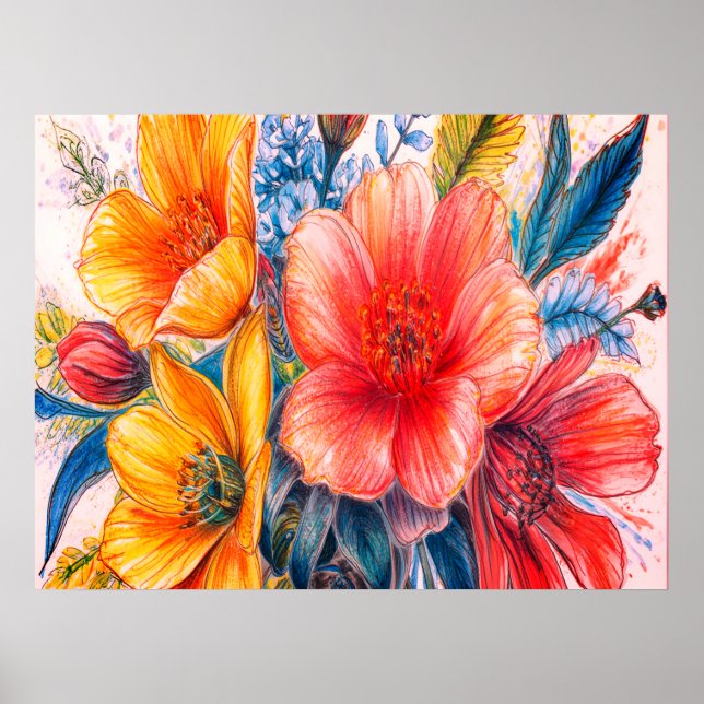 Affiche Un bouquet de belles fleurs épanouies sur un mur (Devant)