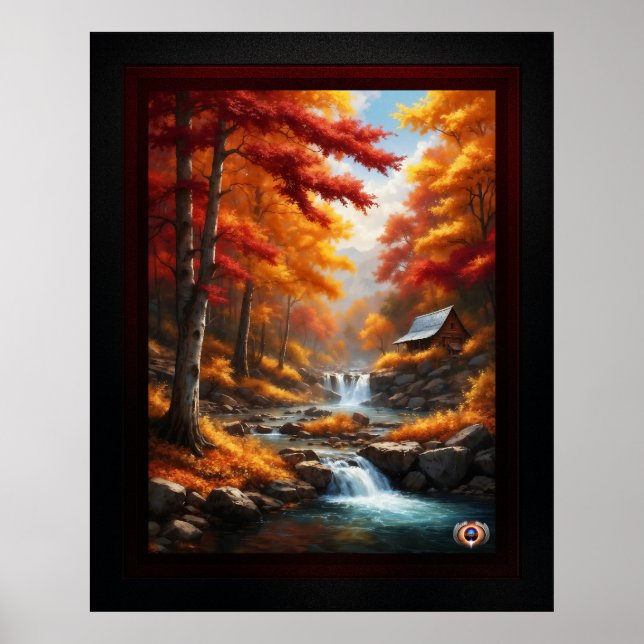Affiche Un Cabine dans Bois d'automne AI Concept Art par X (Devant)