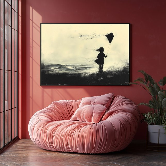 Affiche Un cerf-volant de fille sur la rive à Dusk - Charb (Créateur téléchargé)