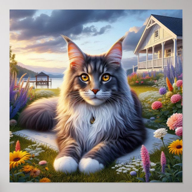 Affiche Un chat au Maine Coon posé dans une campagne paisi (Devant)