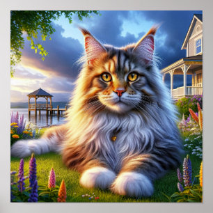 Affiche Un chat au Maine Coon posé dans une campagne paisi