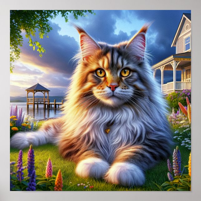 Affiche Un chat au Maine Coon posé dans une campagne paisi (Devant)