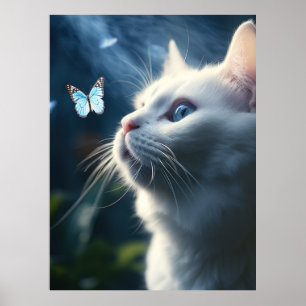 Affiche Un chat blanc aux yeux bleus regarde un papillon