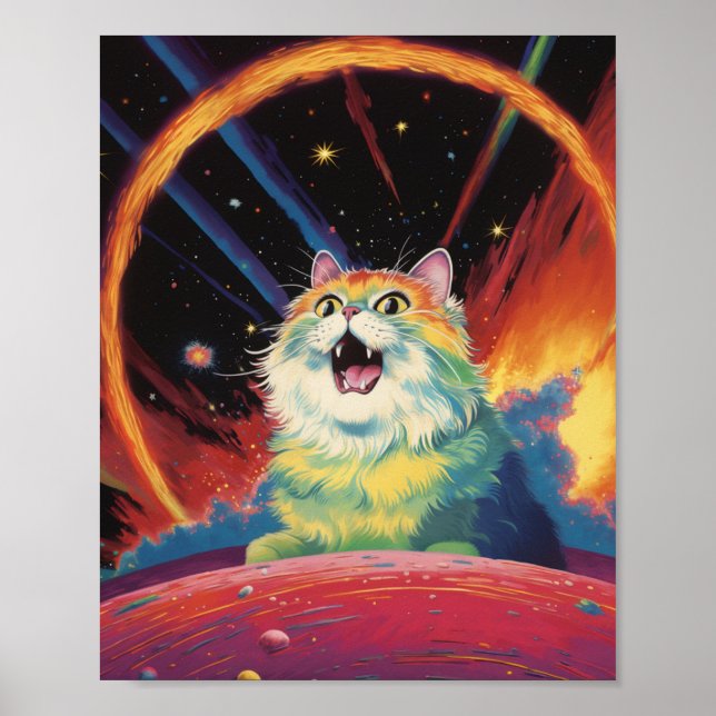 Affiche Un Chat Blanc Fluffé dans l'espace (Devant)