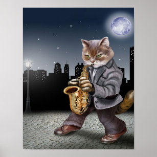 Affiche Un Chat Dans La Nuit Avec Saxophones - Cadeau Amou