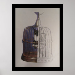 Affiche Un chat dans une cage d'oiseaux