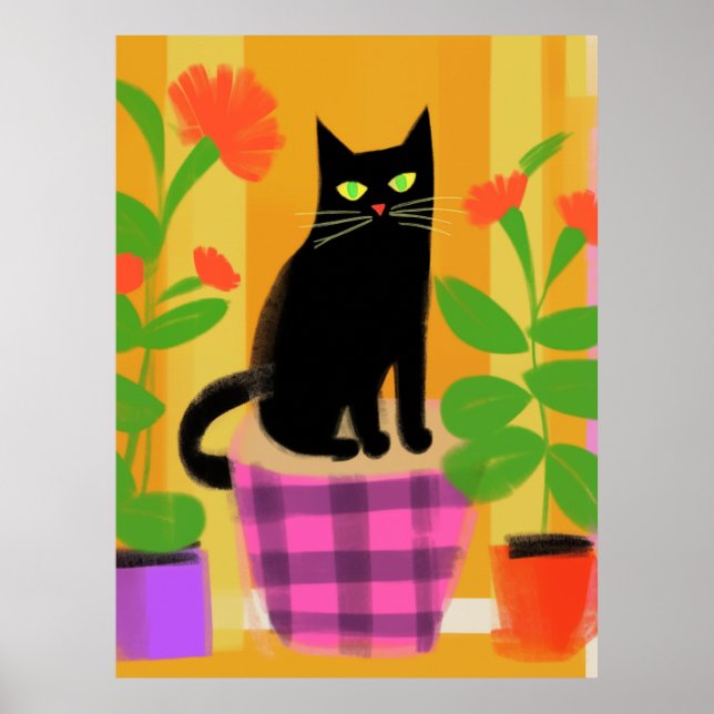Affiche Un Chat Noir Avec Plantes Ménagères Plat Rose Viol (Devant)