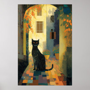 Affiche Un chat noir dans le village méditerranéen