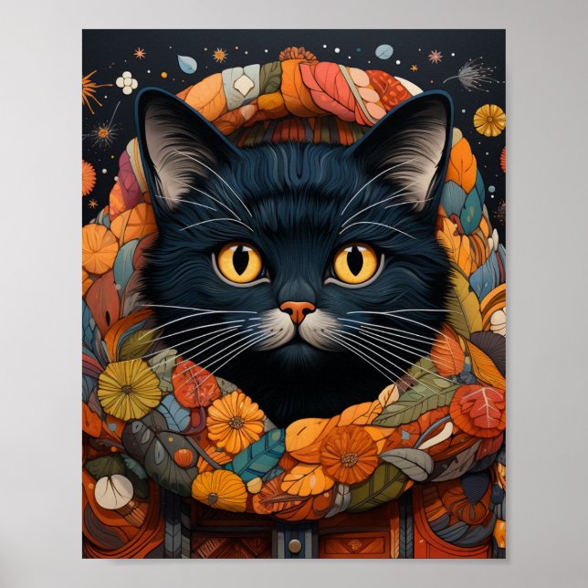Affiche Un chat noir dans un chandail floral (Devant)