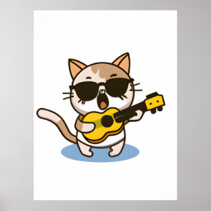 Affiche Un chat qui porte des lunettes et joue l'ukulele