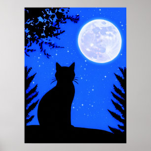 Affiche Un chat qui regarde à la Pleine lune
