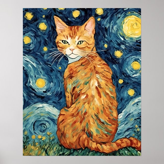 Affiche Un chat Tabby Gingembre dans la nuit étoilée (Devant)