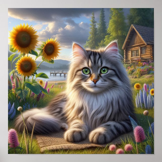 Affiche Un chat Tabby posé dans une campagne paisible (Devant)