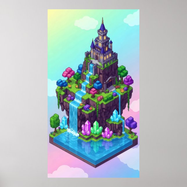 Affiche Un château d'île de rêve avec cascades (Devant)