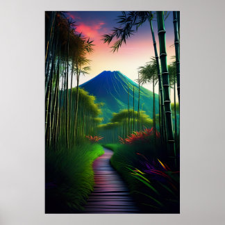 Affiche Un chemin en bois vers le volcan endormi