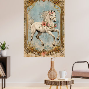 Affiche Un cheval blanc orné d'une guirlande de fleurs,